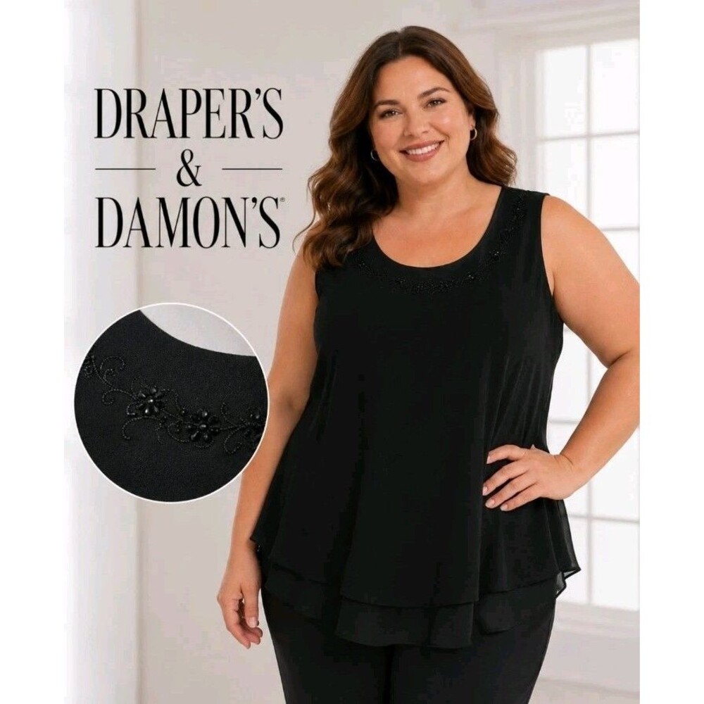 NWT DRAPERS & DAMONS Women 3X Georgette Chiffon Dressy Embellish Black Tank Top